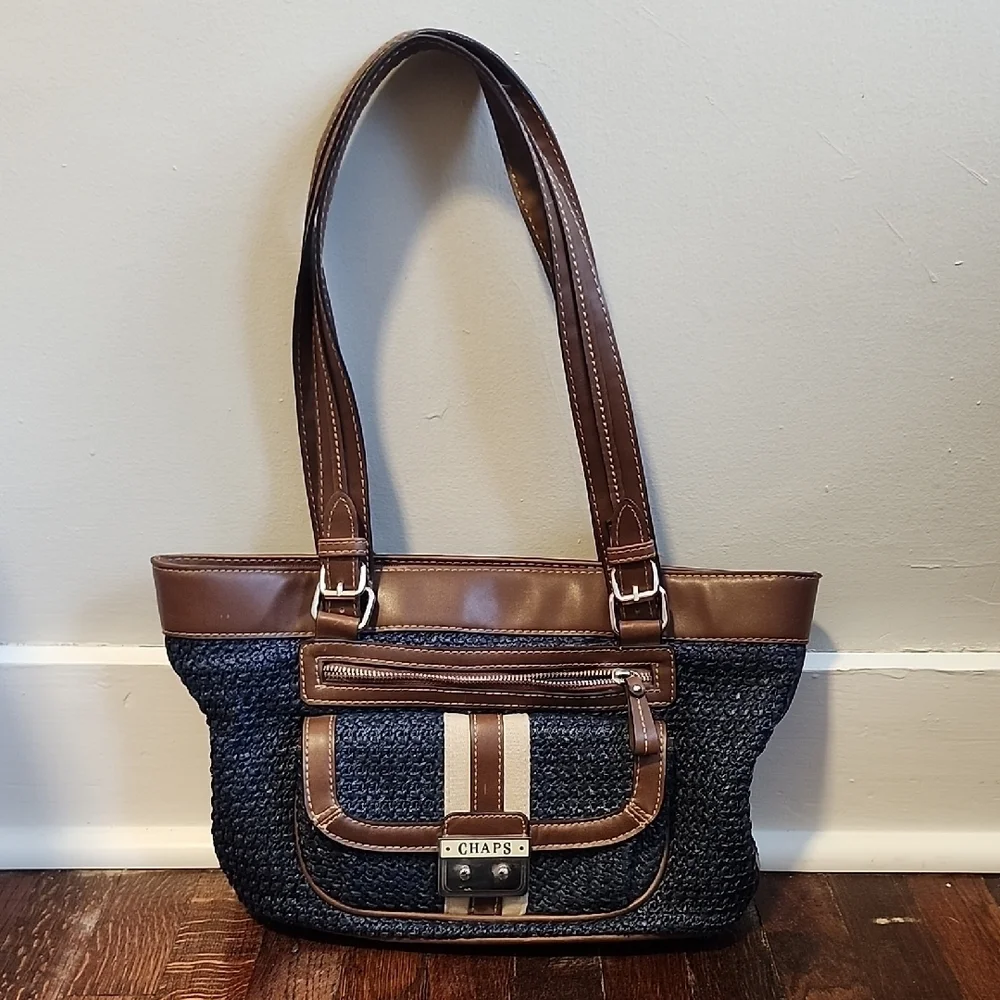 Chaps Navy Blue Woven Preppy Nautral Hippie Beach Shoulder Bag Classic Storage